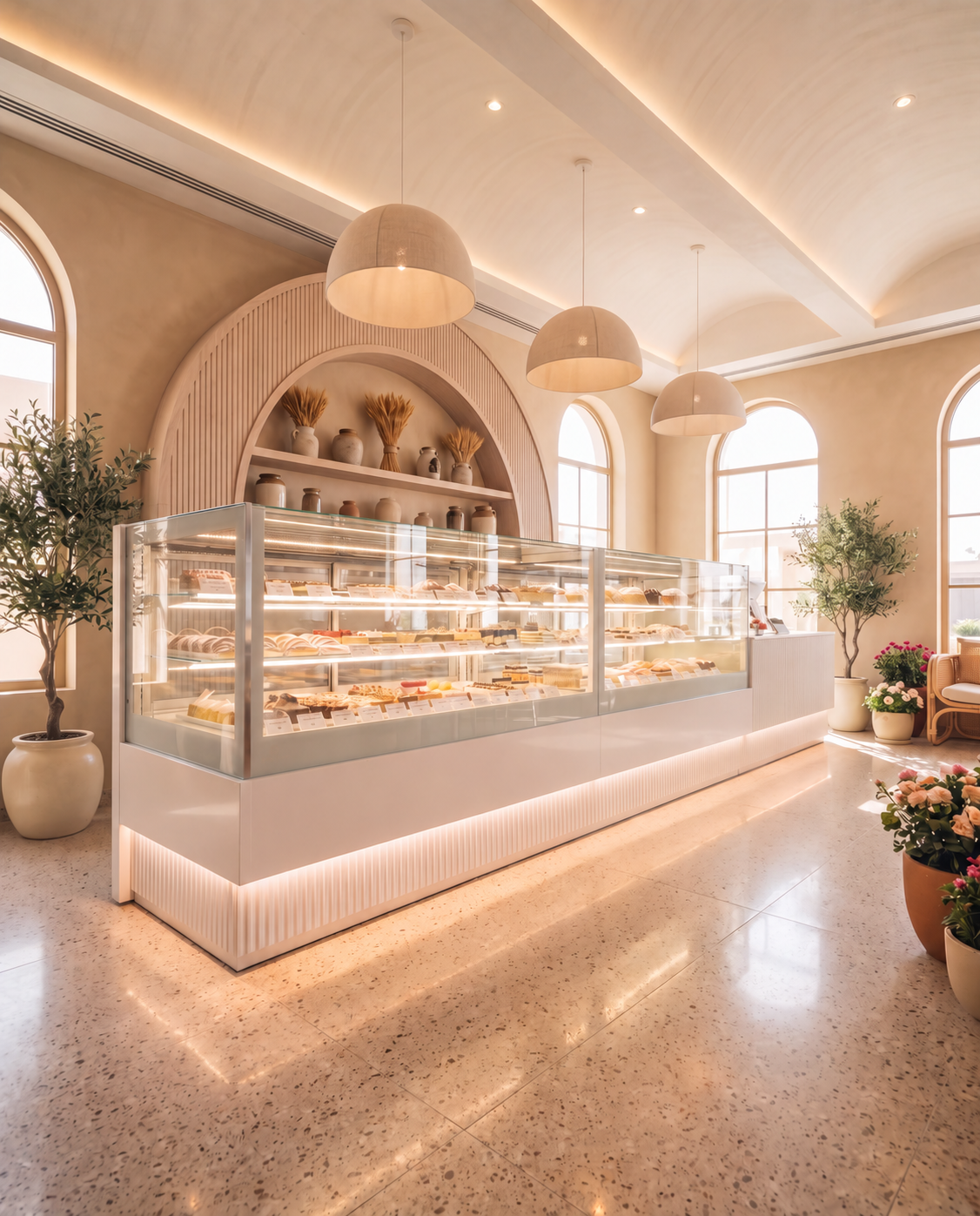 White LUDUS bakery showcase in a sunlit interior with arched windows