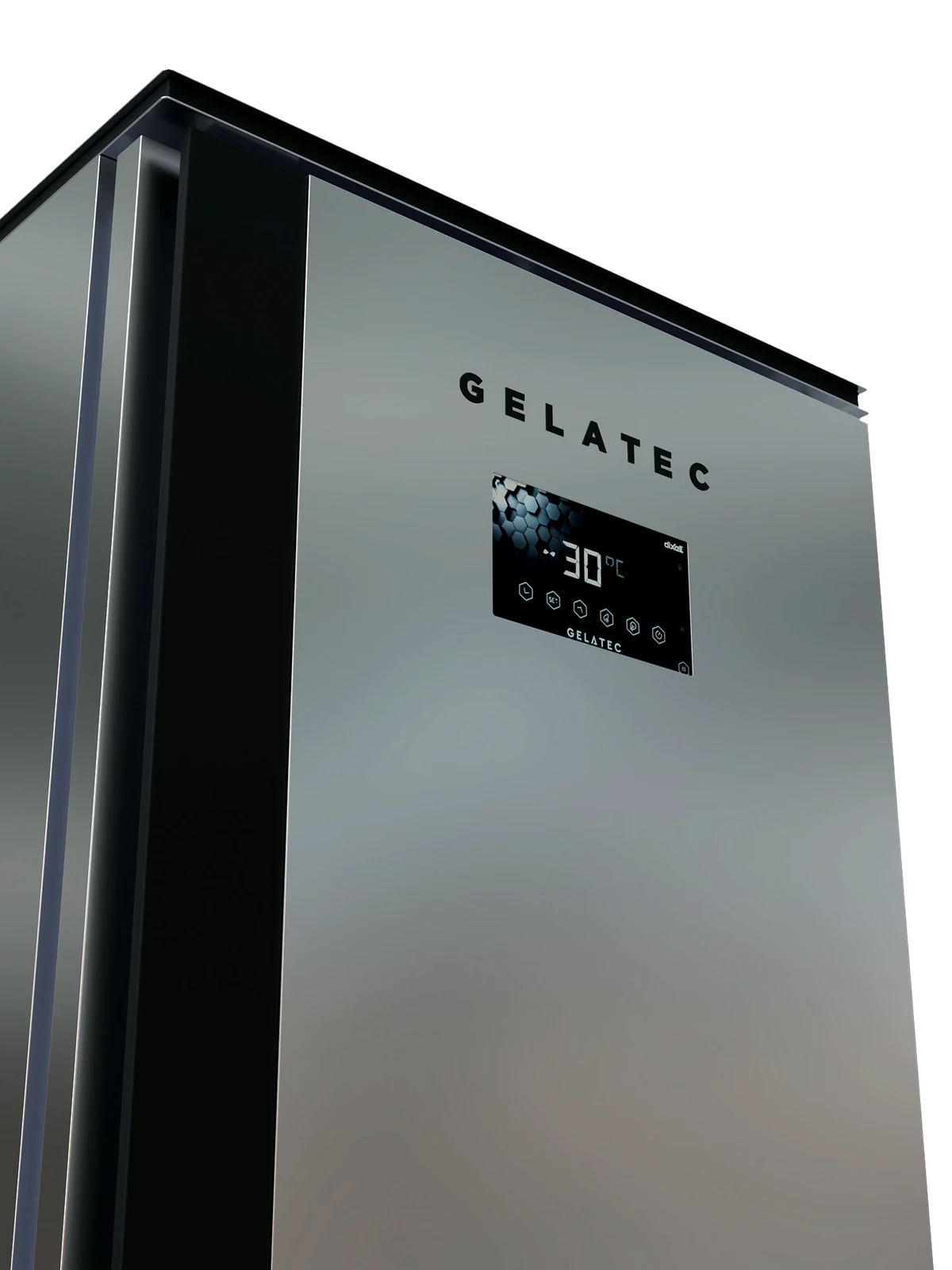 | GELATEC - Инновационные витрины Gelato Близкий вид на дверь LabPro, брендинг GELATEC и цифровой температурный дисплей