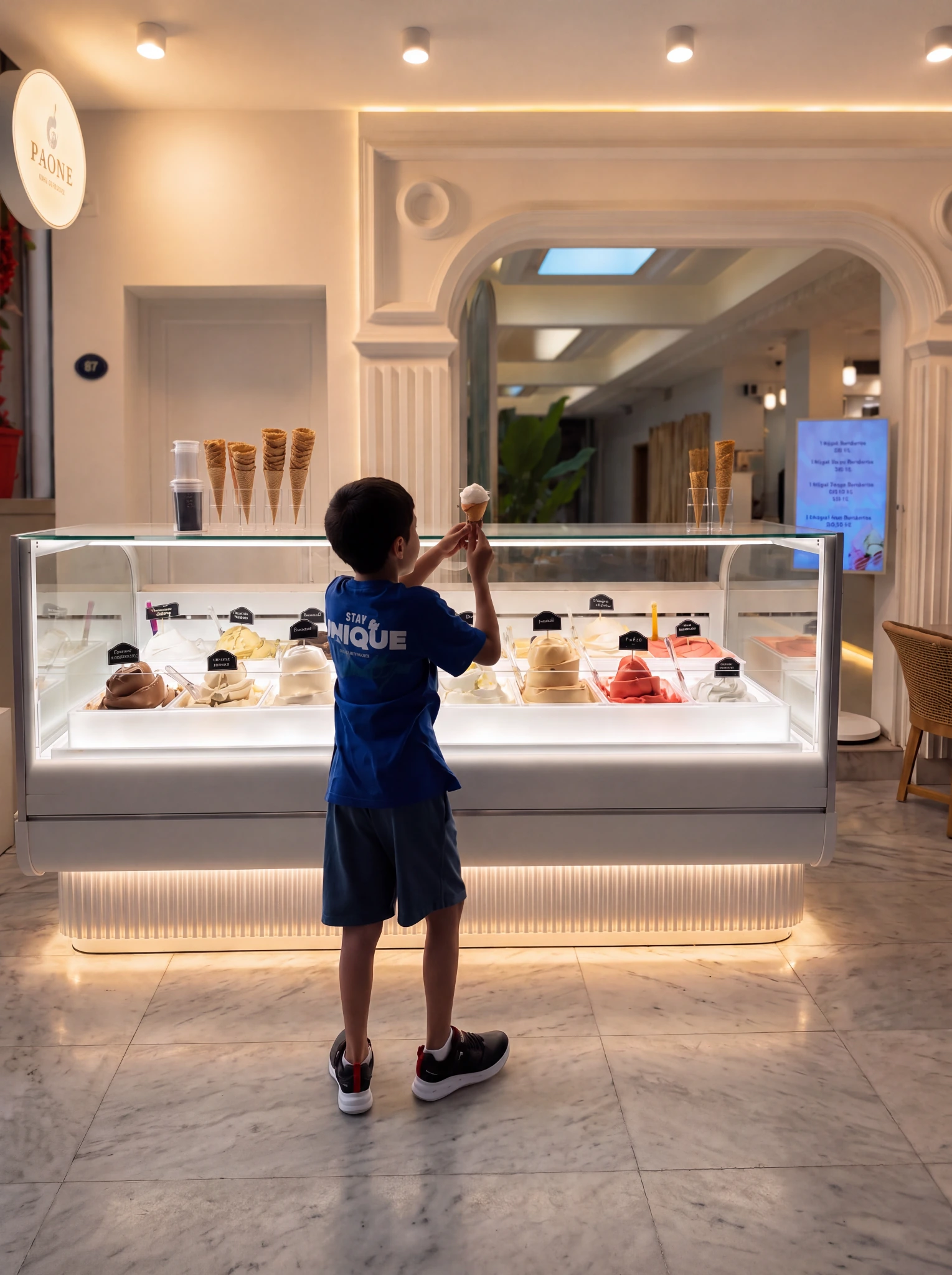 Ребенок выбирает gelato перед освещенной витриной QUADRO