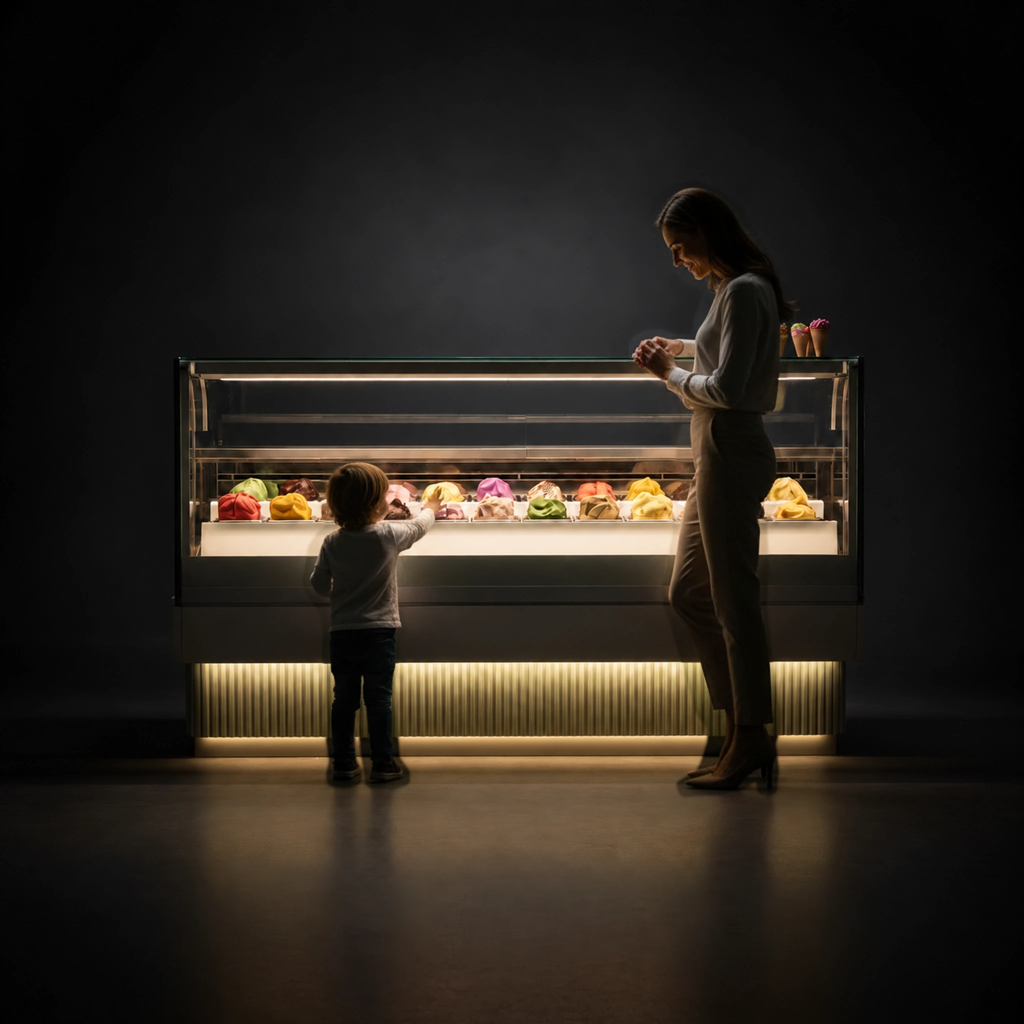 Мать и ребенок выбирают gelato перед черной витриной QUADRO с теплой освещенной облицовкой