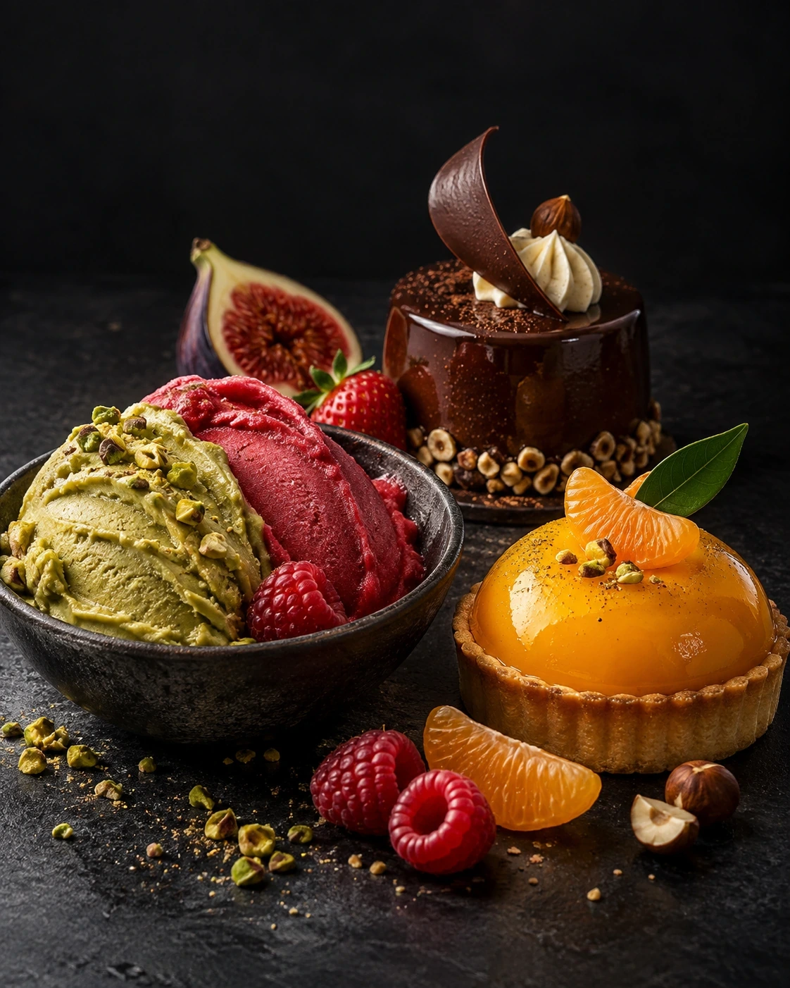 Gelato, цитрусовый пирог и шоколадная выпечка с сезонными фруктами