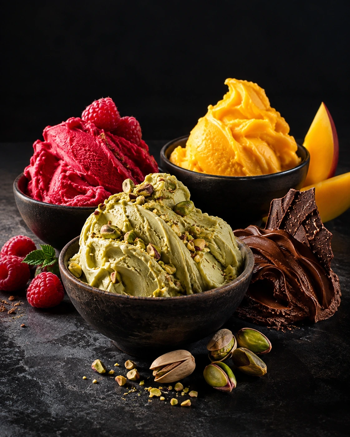 Яркие фисташки gelato, малина и манго сорбеты с темным шоколадом