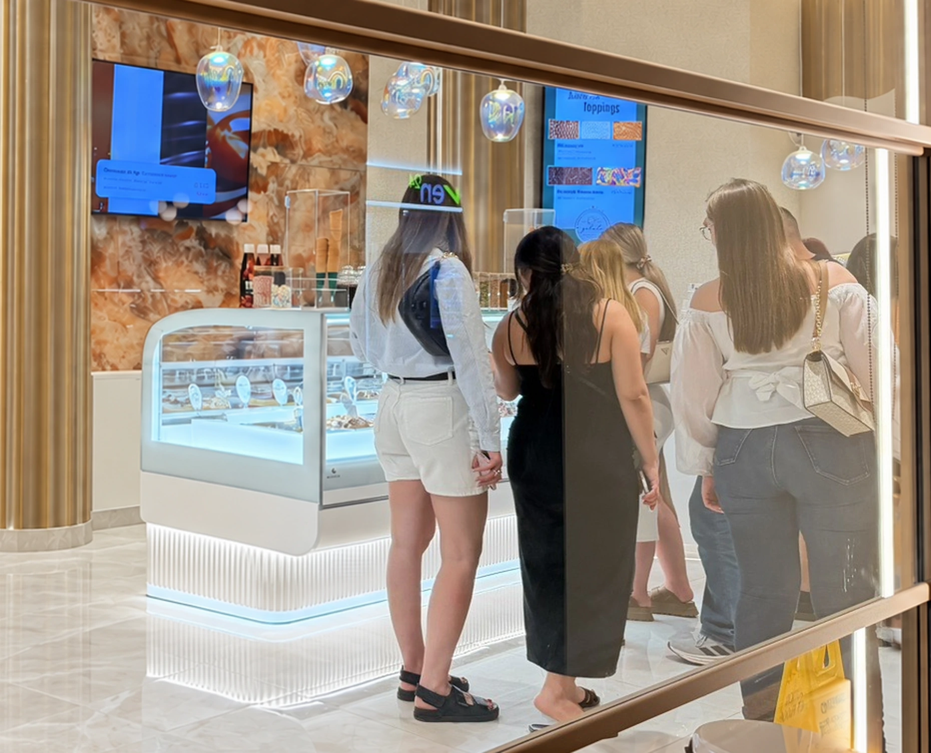 Посетители выбирают gelato рядом с белой витриной QUADRO