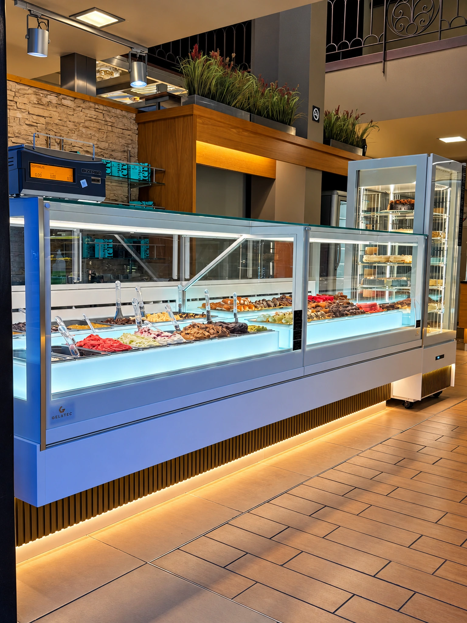 Витрина QUADRO gelato в теплом кирпичном и деревянном интерьере