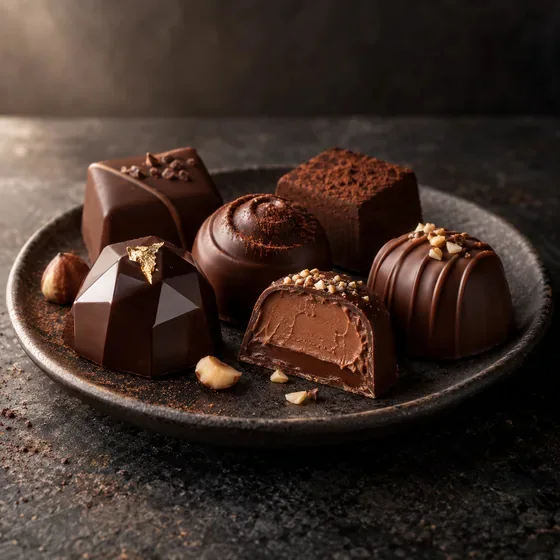 A selection of chocolates and pralines on a dark plate