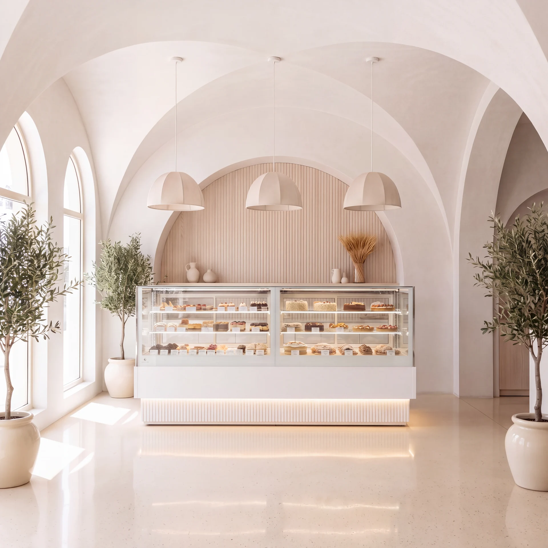 White LUDUS pastry showcase under arched ceilings with warm lighting along the base