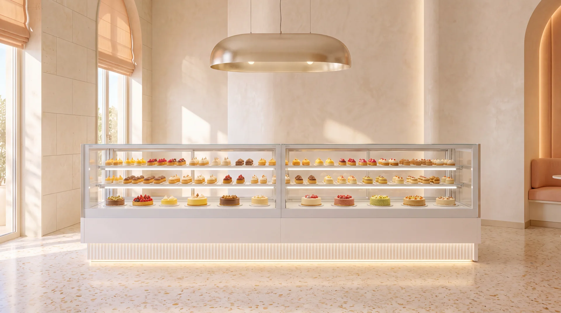 LUDUS with illuminated shelves in a warm pastry boutique
