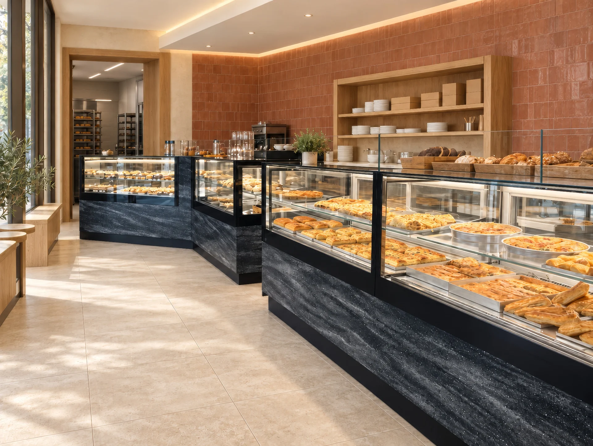 A line of black LUDUS bakery displays in a warm retail interior