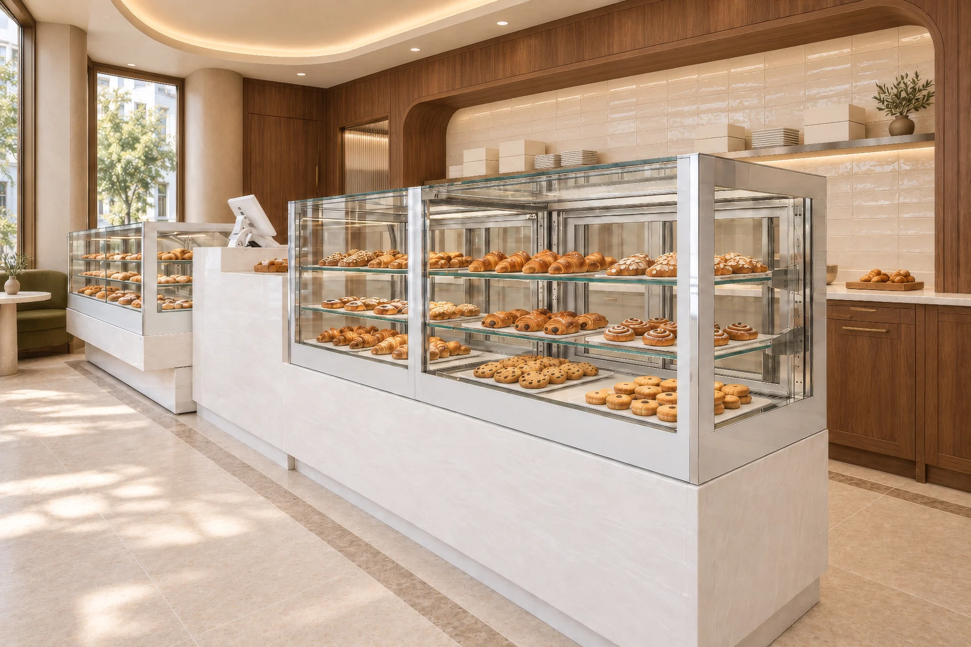 White LUDUS bakery displays with illuminated shelving