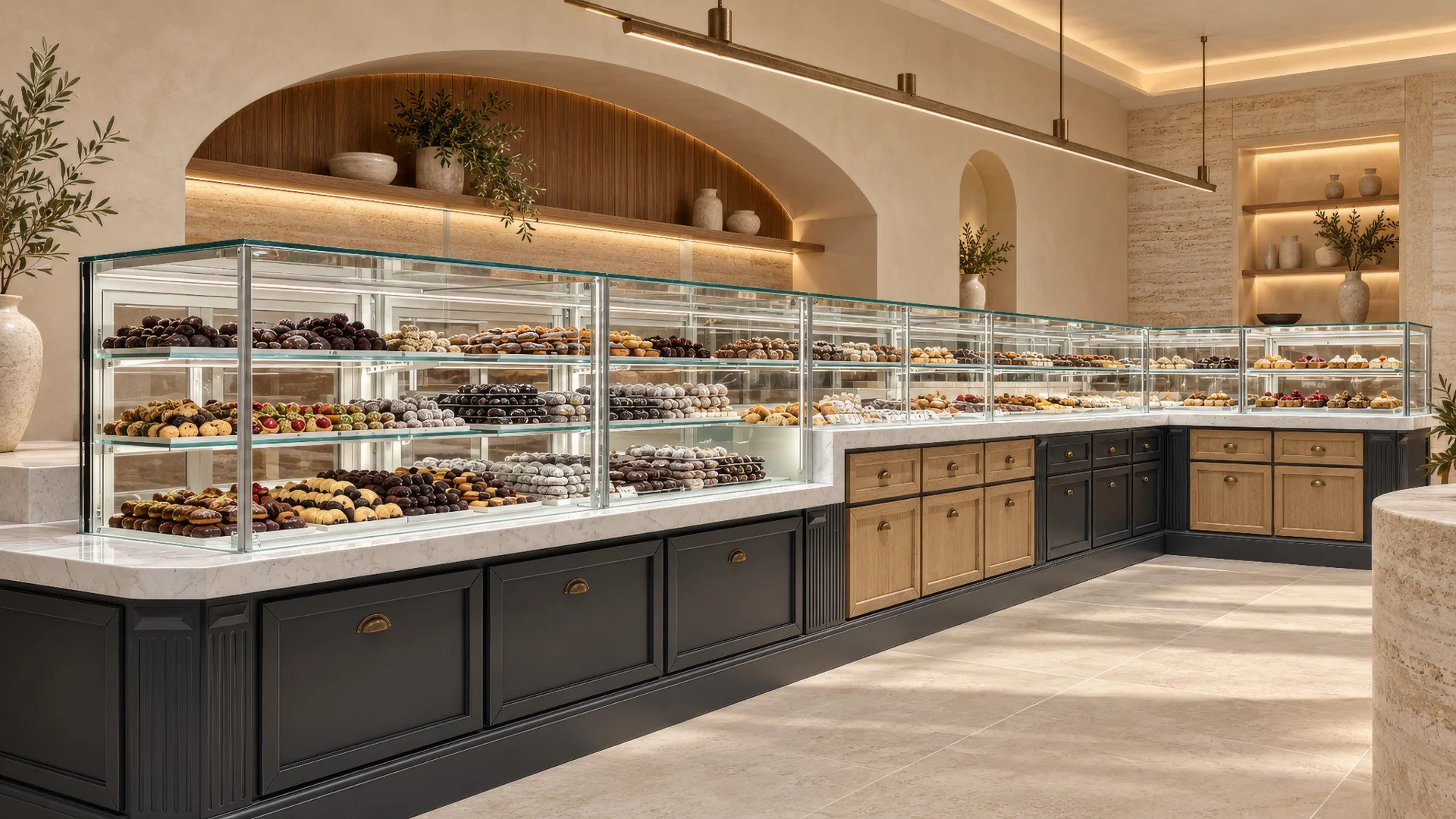 Illuminated LUDUS displays arranged around a cafe counter with black and wood cabinetry