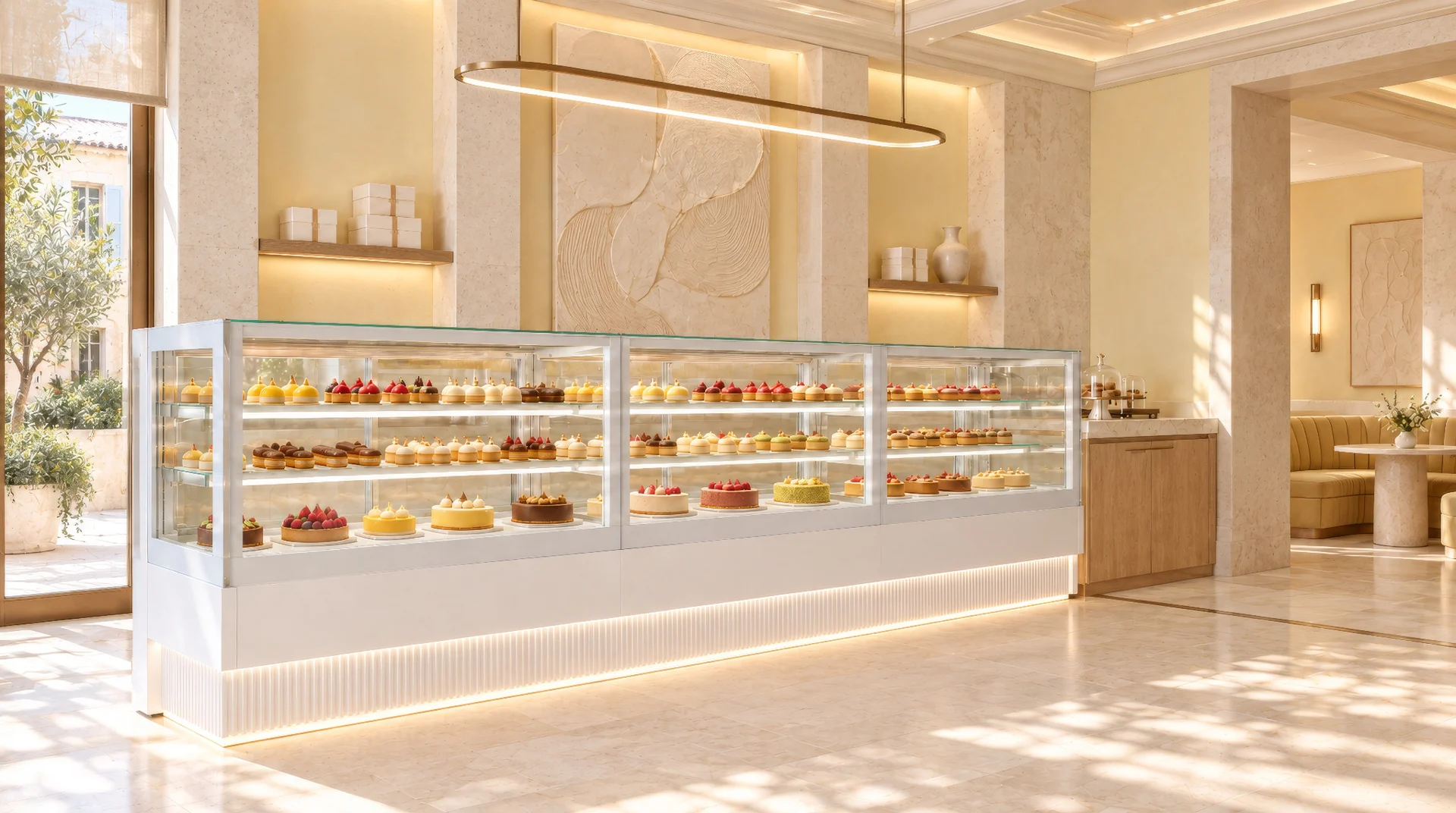 Long white LUDUS in a sunlit pastry shop