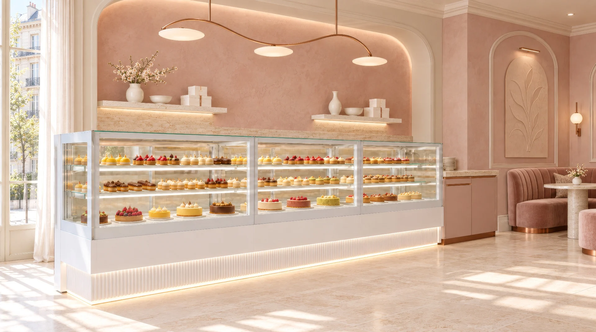 White LUDUS with a softly illuminated base in a rose-coloured interior