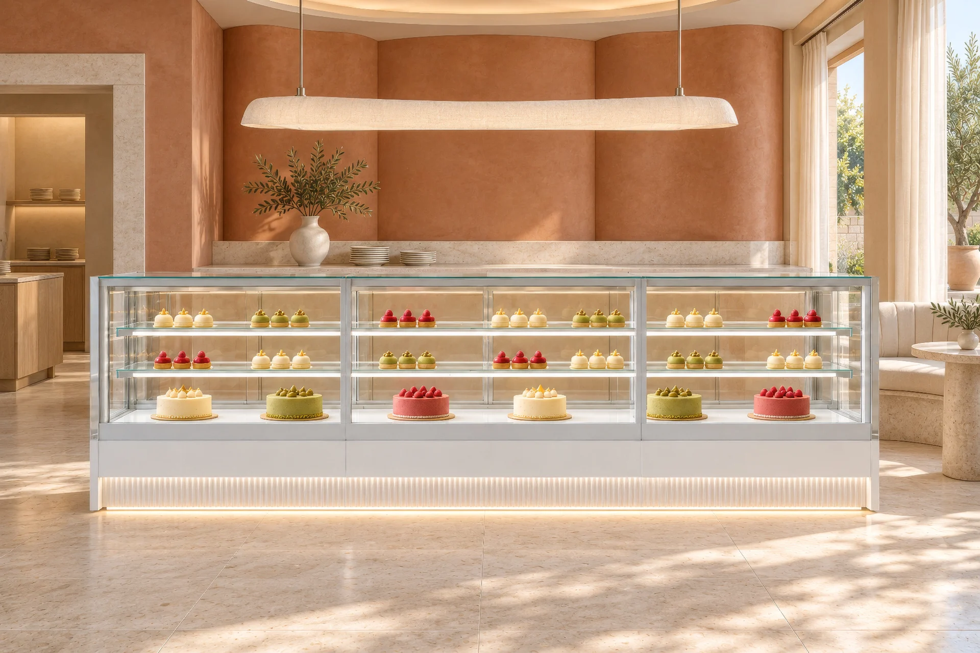White LUDUS pastry display with pale fluted decoration in a wood interior