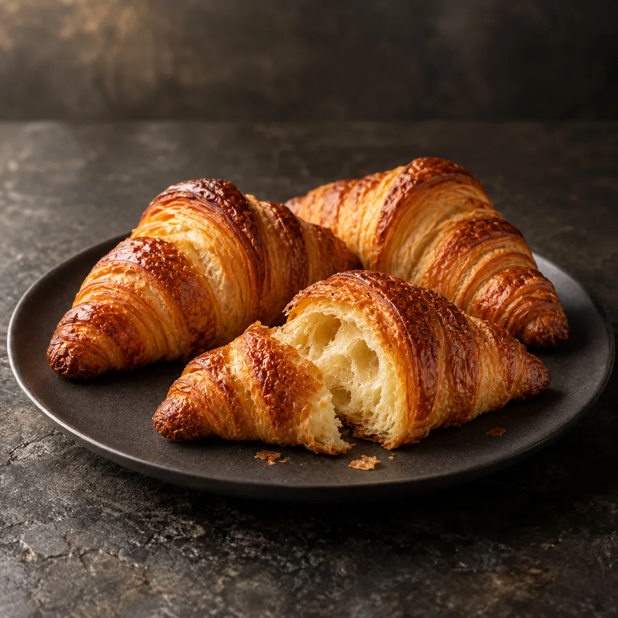 Golden croissants presented on a dark plate