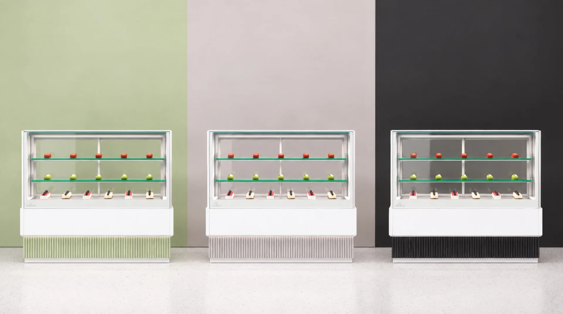 Three LUDUS displays in white glass with Pistachio, Antique Pink and Black decoration