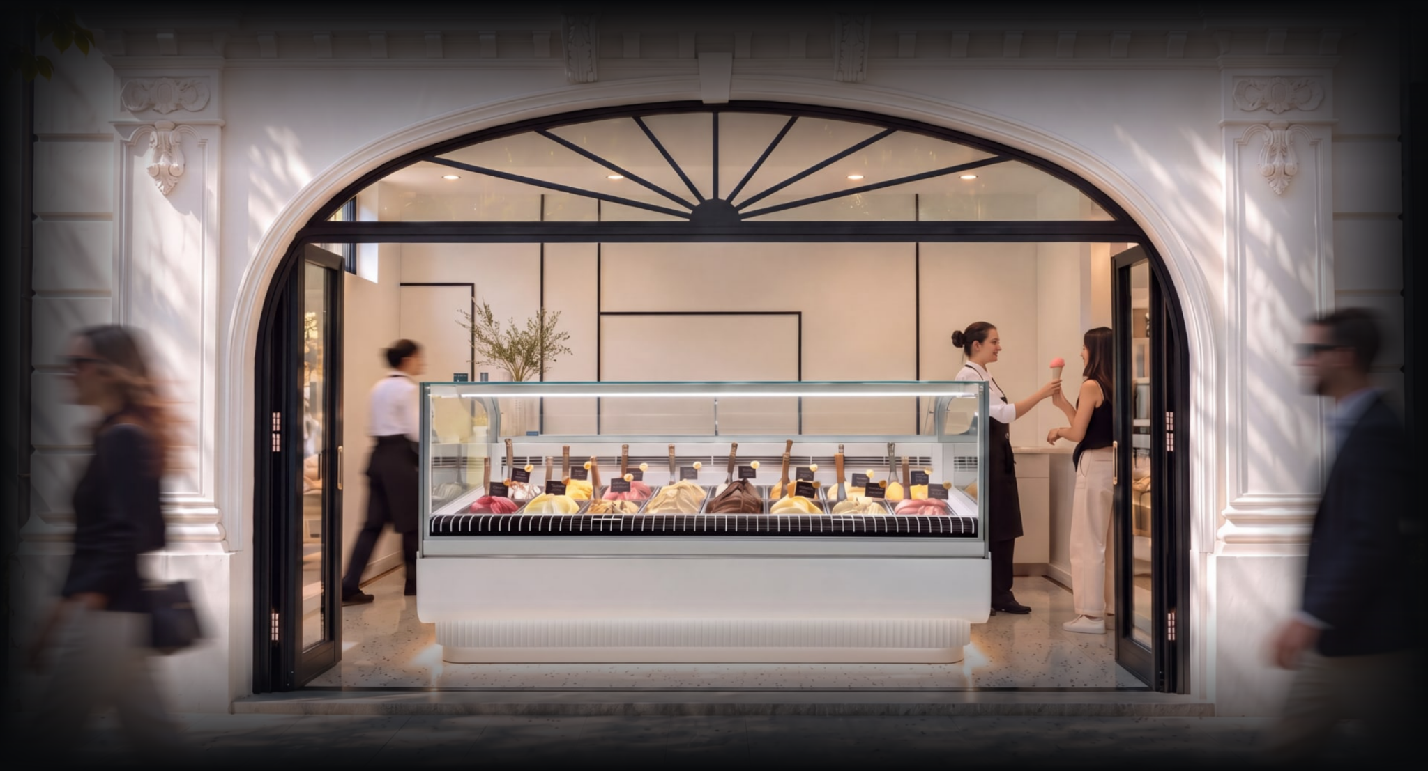 White JEDAI gelato showcase beneath a wide shopfront arch, with customers and staff